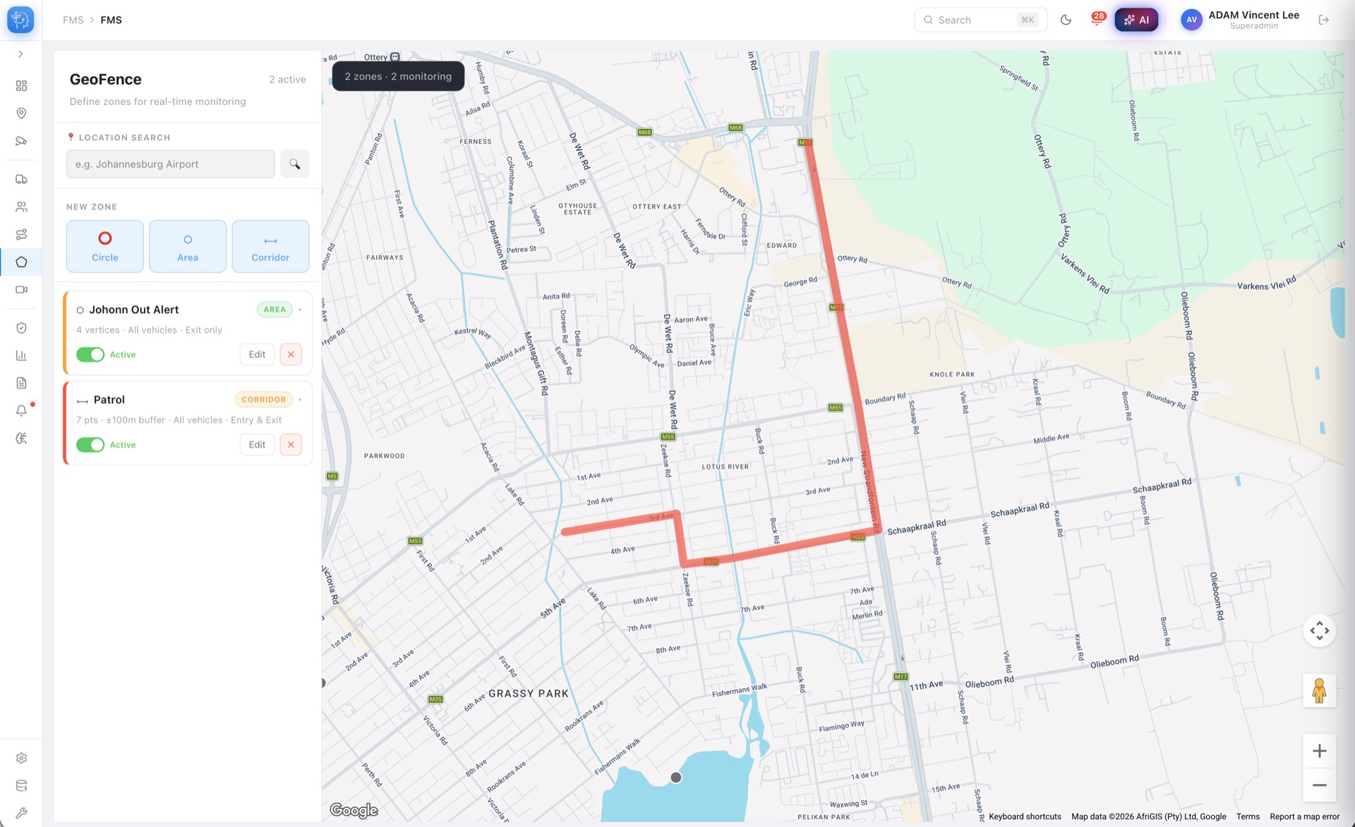 KDS Geofencing zone management and route surveillance