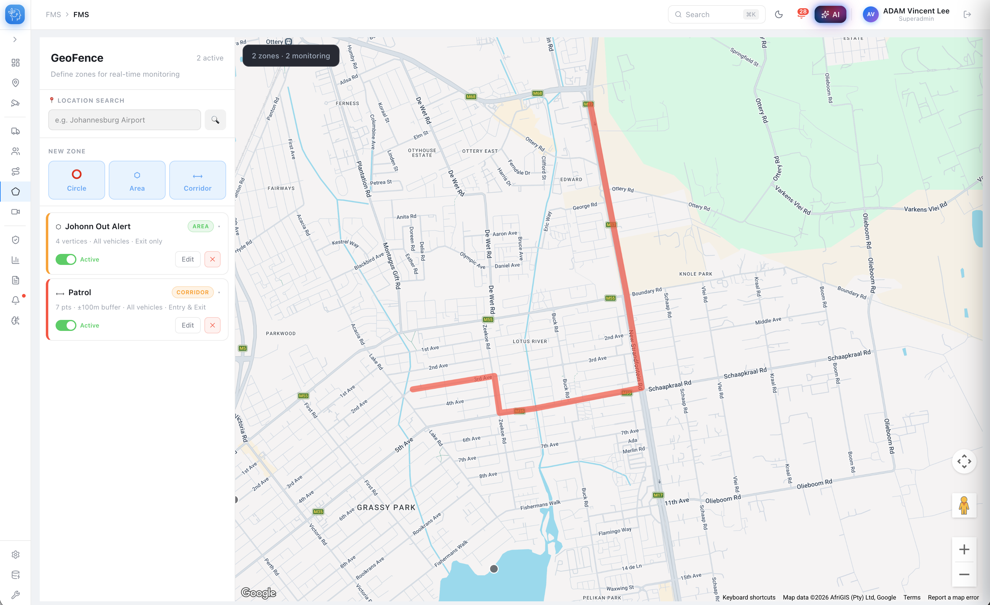 KDS Geofencing zone management and route surveillance